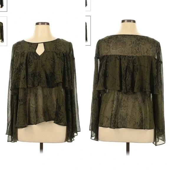 Jennifer Lopez Olive Green Snakeskin Ruffle Bell Long Sleeve Blouse Size XS - Picture 11 of 11